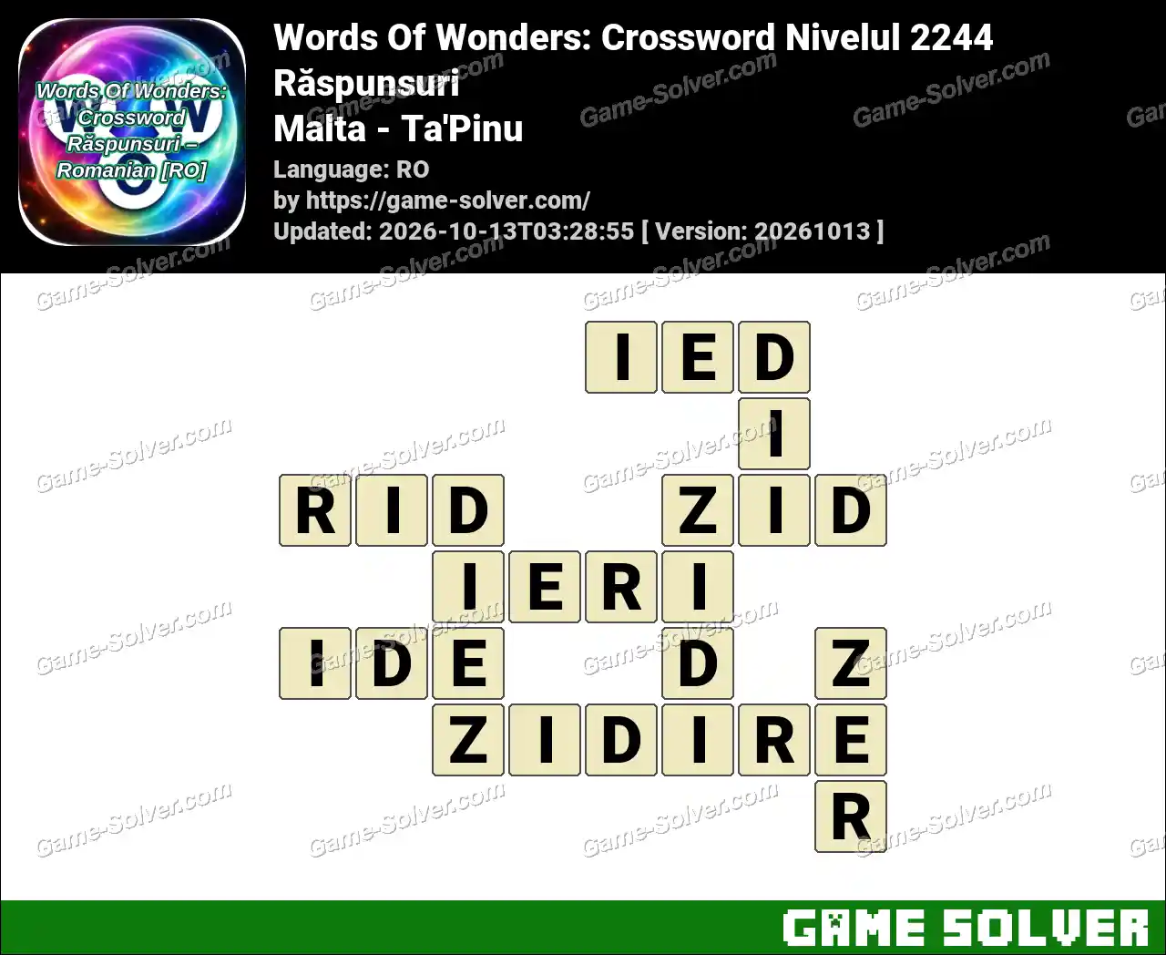 Words Of Wonders: Crossword Nivelul 2244 Răspunsuri – Malta – Ta’Pinu